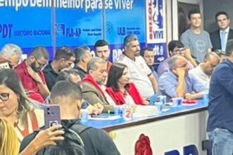 Martha Rocha ao lado de Carlos Lupi na mesa do PDT na reunião que referendou o nome da deputada para vice de Eduardo Paes