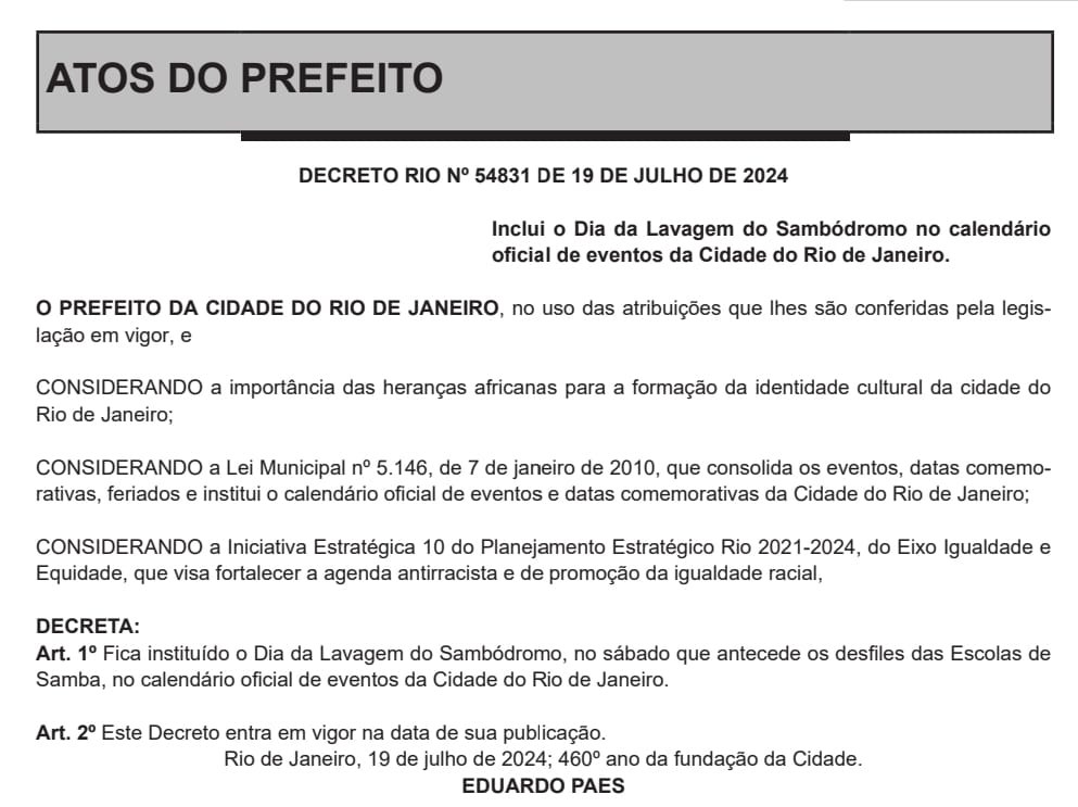 Lavagem da Sapucaí entra para o calendário oficial do Rio