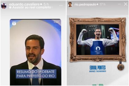 As postagens de Eduardo Cavaliere (à esquerda) e Pedro Paulo, nos stories do Instagram