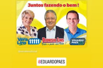 Material de propaganda de Vera Lins, com Dionísio e Eduardo Paes: deputado reafirma lealdade ao governador, mas diz que "todos têm o direito de votar democraticamente"