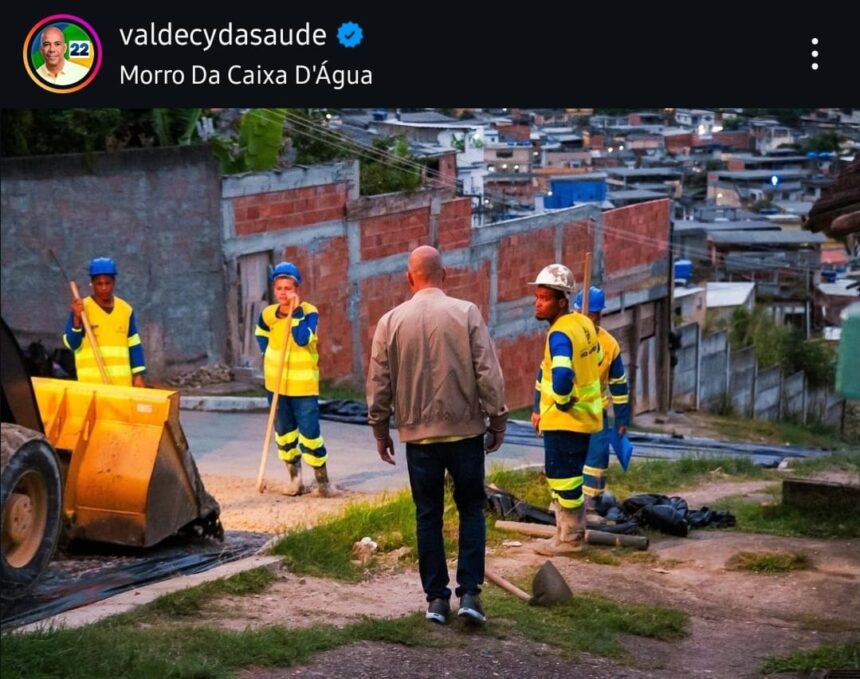 Em foto postada nas redes sociais, Valdecy da Saúde, candidato governista à Prefeitura de São João de Meriti, visita obras feitas pelo Instituto Rio Metrópole em ruas do município