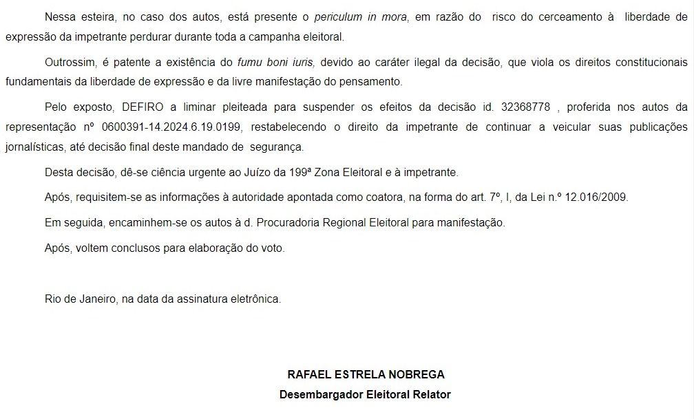 TRE libera jornal O Fluminense para veicular matérias sobre Rodrigo Neves