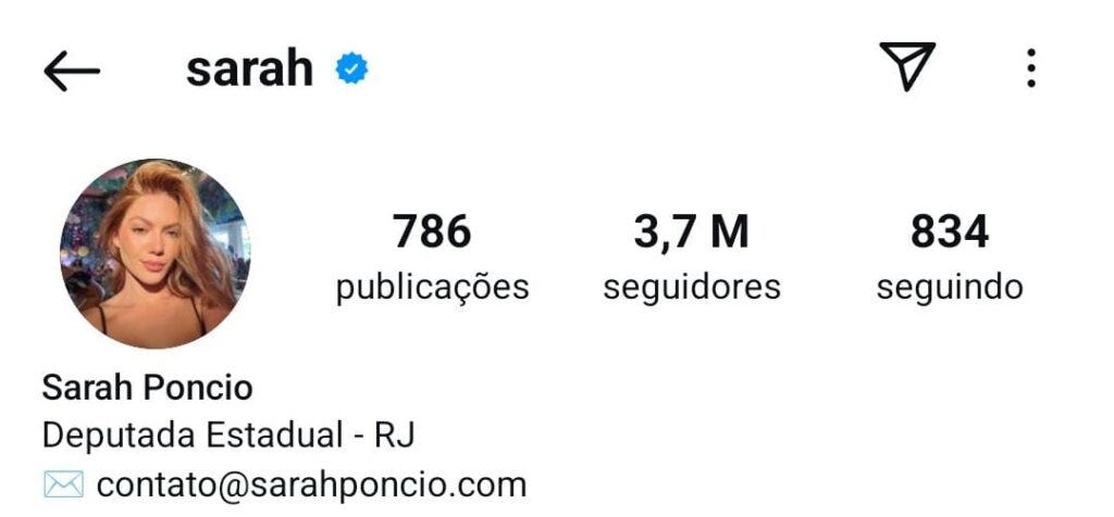 Sarah Poncio muda bio do Instagram: ‘deputada estadual’