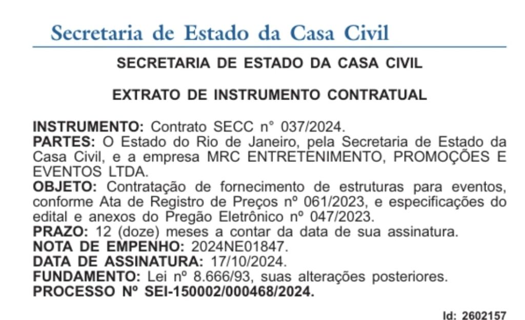 Extrato de instrumento contratual da secretaria de estado da casa civil.