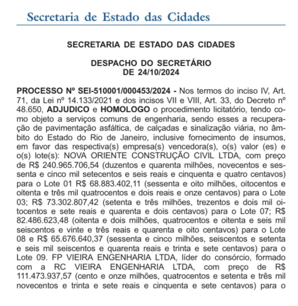 Recorte do Diário Oficial que mostra a lista da licitação_do_estado_do_rio_para_renovar_asfaltos_1