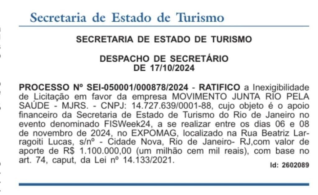 Reprodução do diario oficial do rj com despacho da secretaria de estado de turismo