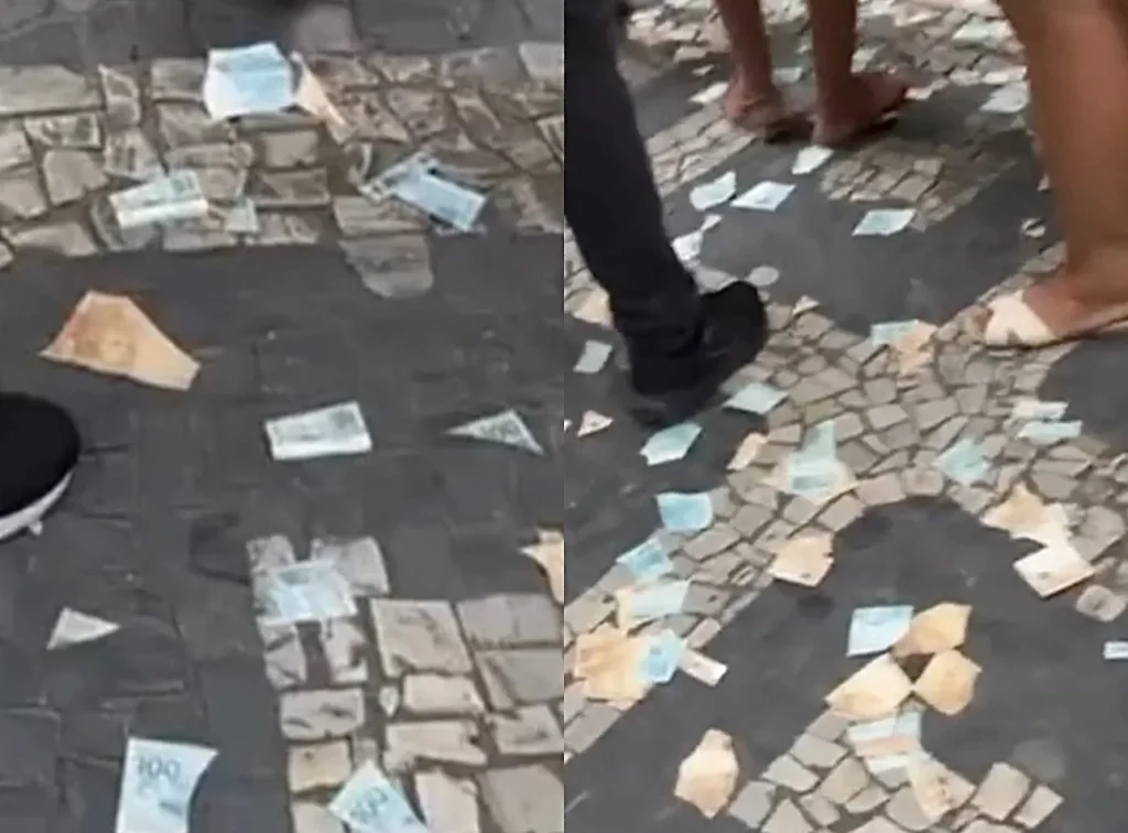 ‘Chuva’ de dinheiro chama a atenção de pedestres em Niterói