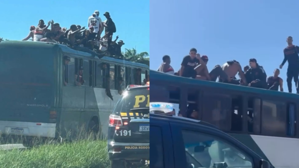 Torcedores do Flamengo ‘surfam’ em teto de ônibus na Washington Luiz
