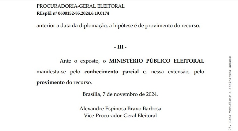 MP Eleitoral dá parecer favorável a Joa Barbaglio no TSE