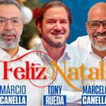 Cartão de Natal divulgado pelo prefeito eleito de Belford Roxo, Marcio Canella, ao lado de Antonio Rueda e o atual vice-prefeito, Marcelo Canella: aliado já divulga o nomo de urna do pré-candidato a deputado federal