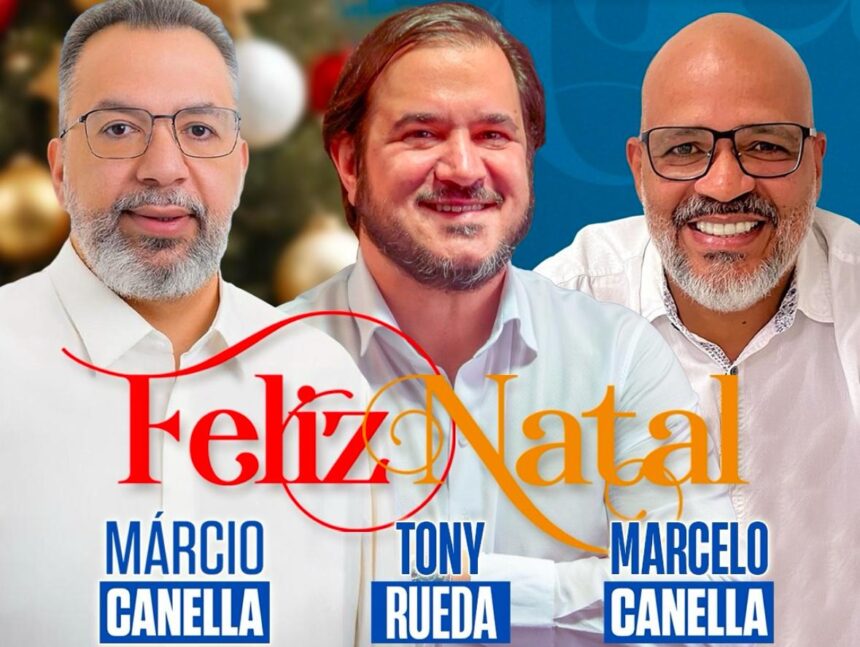 Cartão de Natal divulgado pelo prefeito eleito de Belford Roxo, Marcio Canella, ao lado de Antonio Rueda e o atual vice-prefeito, Marcelo Canella: aliado já divulga o nomo de urna do pré-candidato a deputado federal