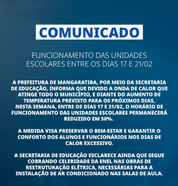 Por conta do calor, Mangaratiba reduz funcionamento das escolas até sexta