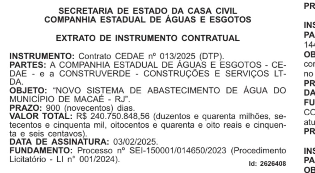 Cedae fecha contrato de R$ 240 milhões para novo sistema de abastecimento de água em Macaé