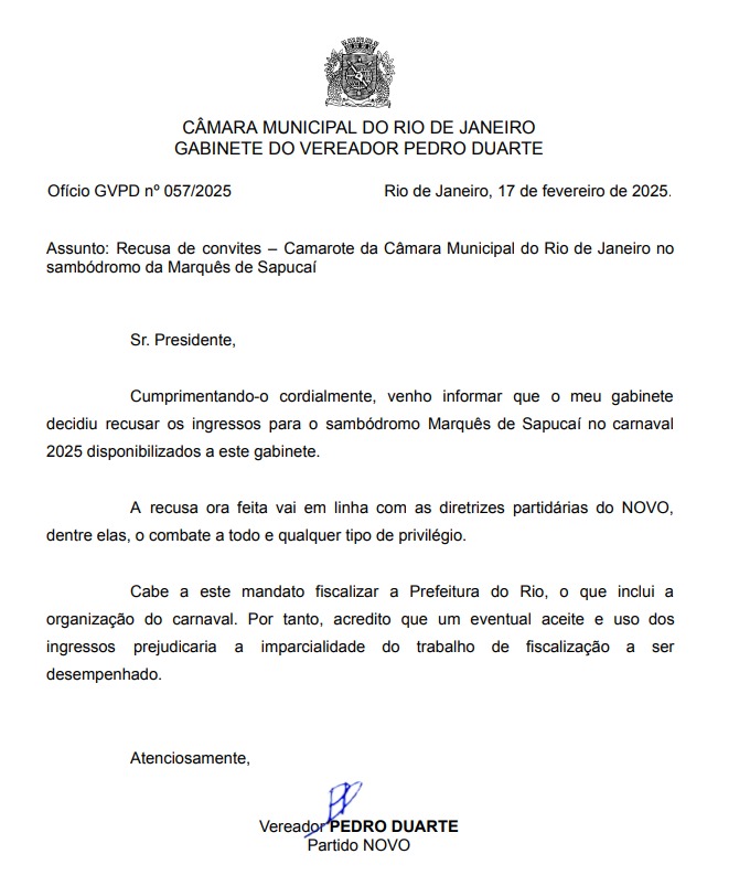 Sapucaí só pagando: Pedro Duarte dispensa ingressos da Câmara para o sambódromo