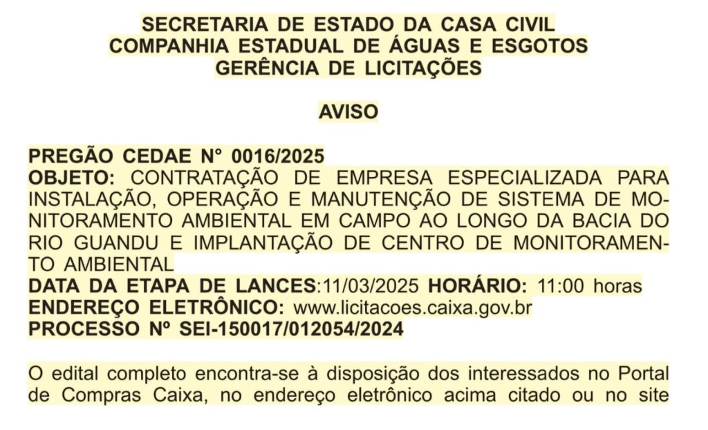 Quantos custa? Cedae lança licitação relâmpago com valor sigiloso