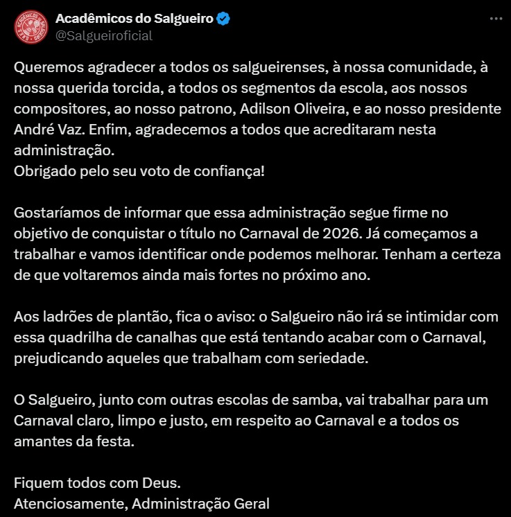 'Quadrilha de canalhas' e 'ladrões de plantão': o desabafo do Salgueiro após 7º lugar