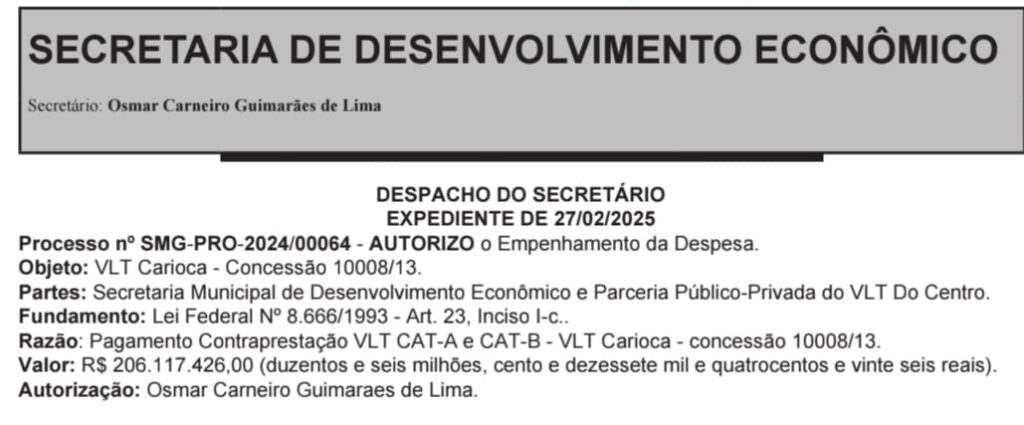 Prefeitura empenha mais R$ 206 milhões no VLT; contrato chega a R$ 3,4 bilhões