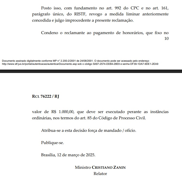 STF revoga liminar que anulava eleição para a mesa diretora da Câmara de Paraty