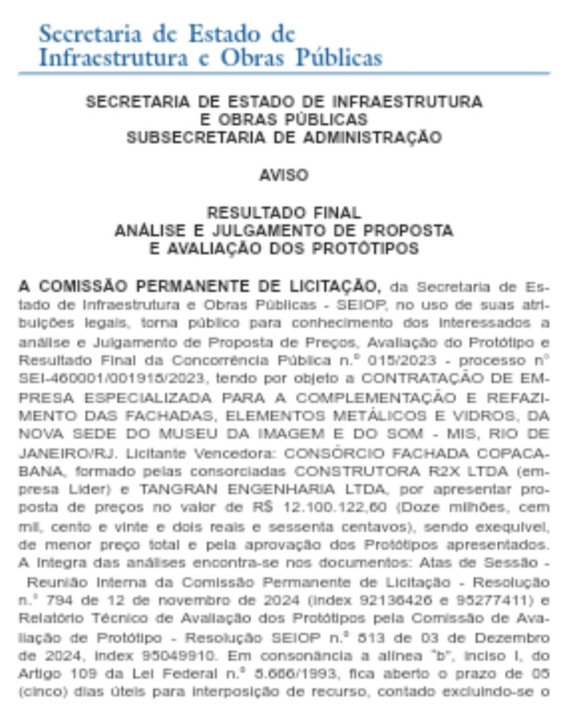 Fim da novela? Consórcio vence por R$ 12 milhões licitação para recuperar fachada do MIS