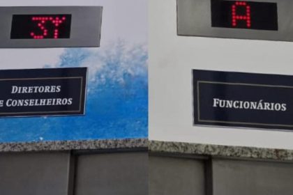 Os elevadores da OAB-RJ, com destinação separaa em "conselheiros e diretores" e "funcionários": distinção gerou protestos nas redes sociais