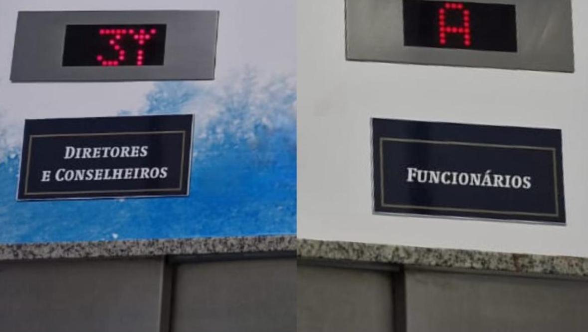 Os elevadores da OAB-RJ, com destinação separaa em "conselheiros e diretores" e "funcionários": distinção gerou protestos nas redes sociais
