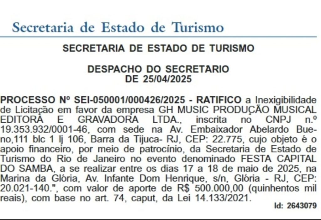 Governo do estado cai no samba e libera meio milhão para festa na Marina da Glória 62 WhatsApp Image 2025 04 30 at 14.53.42