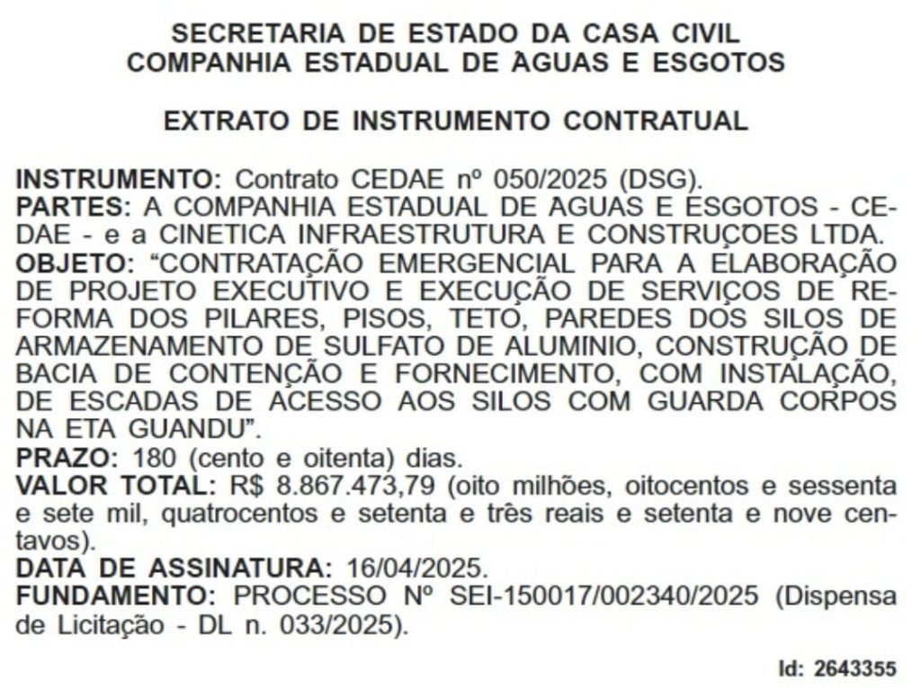 Sem licitação, Cedae fecha contrato de R$ 8,8 milhões para reformar estruturas de 1978 62 WhatsApp Image 2025 05 07 at 16.40.35