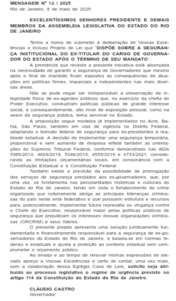 De olho no futuro: Castro manda à Alerj projeto que garante segurança a ex-governadores 63 WhatsApp Image 2025 05 09 at 09.47.57