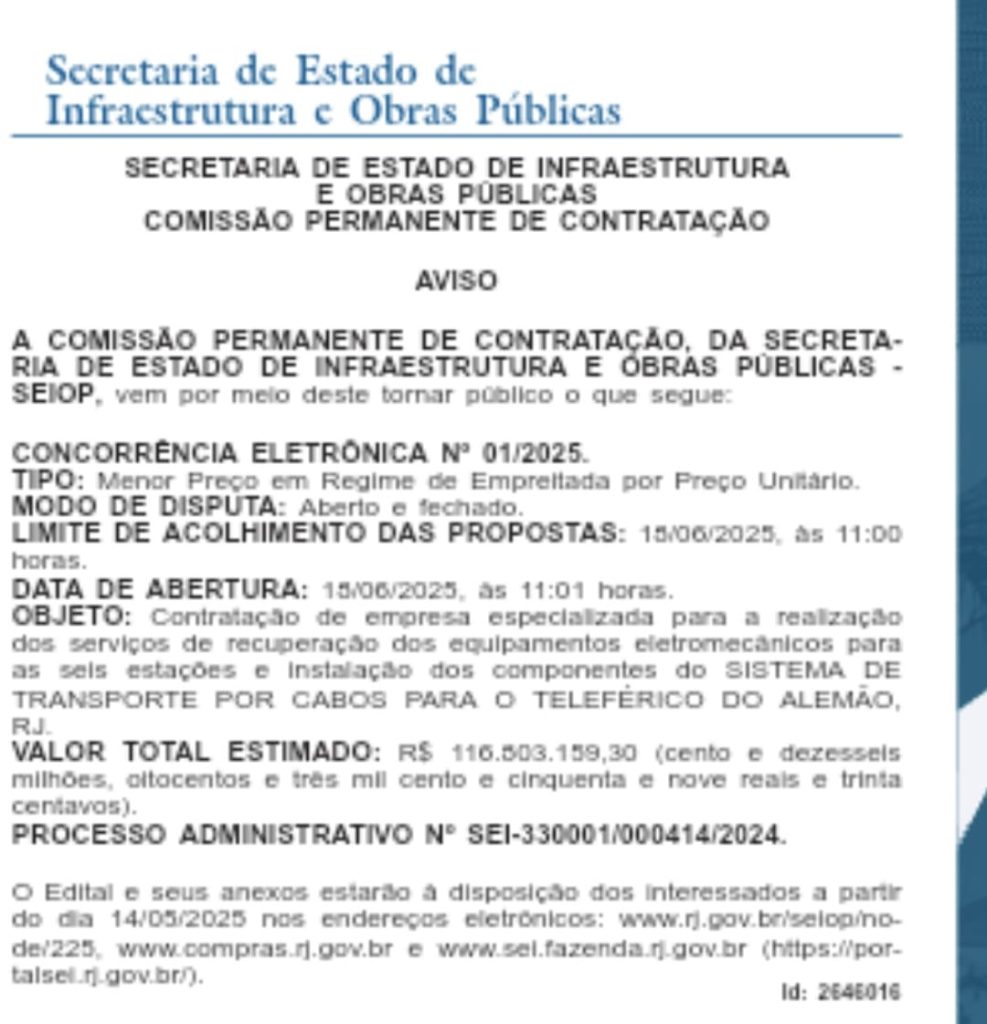 O custo do abandono: estado vai gastar R$ 116 milhões só para recuperar os cabos do Teleférico do Alemão 62 Recuperação do sistema de cabos do Teleférico do Alemão custará R$ 116 milhões