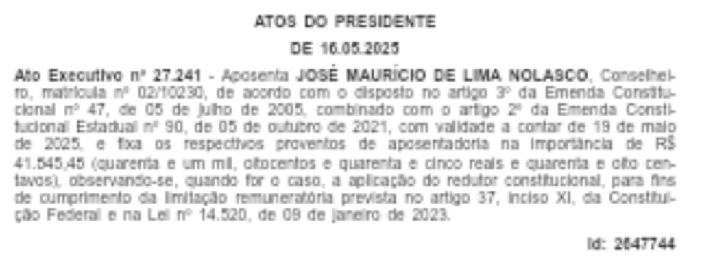 Vaga no TCE já é oficial: conselheiro Nolasco é aposentado com salário de R$ 41,5 mil 62 WhatsApp Image 2025 05 19 at 08.10.51