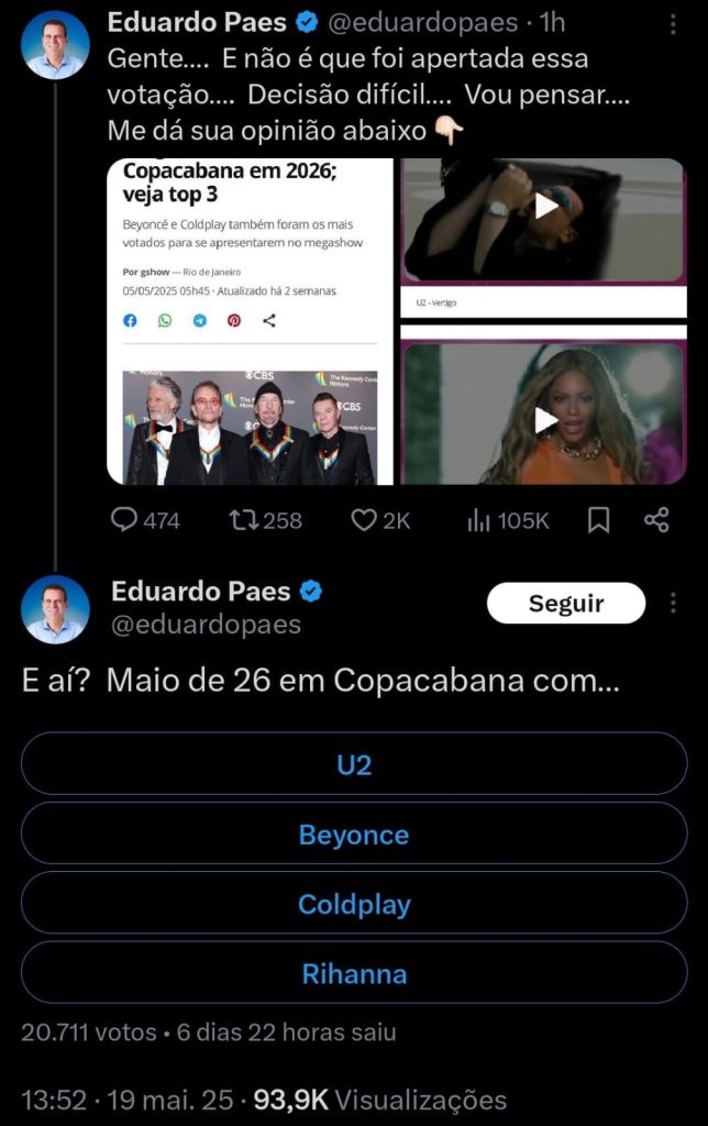 U2, Beyoncé, Coldplay ou Rihanna? Paes lança enquete para novo megashow em Copa 62 WhatsApp Image 2025 05 19 at 15.49.56 1