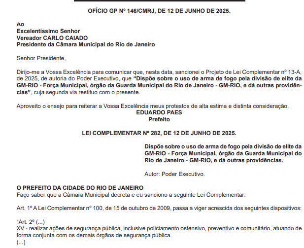 O que vale é a formalidade: Paes sanciona lei e oficializa a divisão de elite da Guarda 64 Captura de tela 2025 06 13 083235