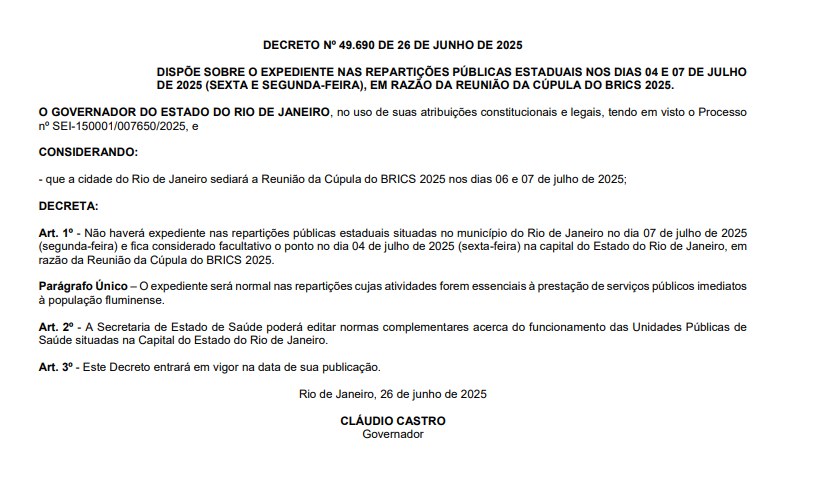 Estado garante feriadão do Brics de 4 a 7 de julho somente para repartições da capital 62 Captura de tela 2025 06 27 095422