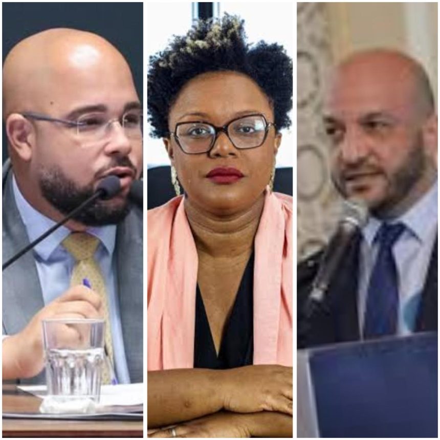 os secretários-vereadores Márcio Santos (PV), da Economia Solidária; Tainá de Paula (PT), do Meio Ambiente; e Felipe Michel (PP), de Envelhecimento Saudável, foram exonerados pelo prefeito Eduardo Paes (PSD), nesta terça-feira (10): reforço na tropa de choque para votar o projeto da Guarda