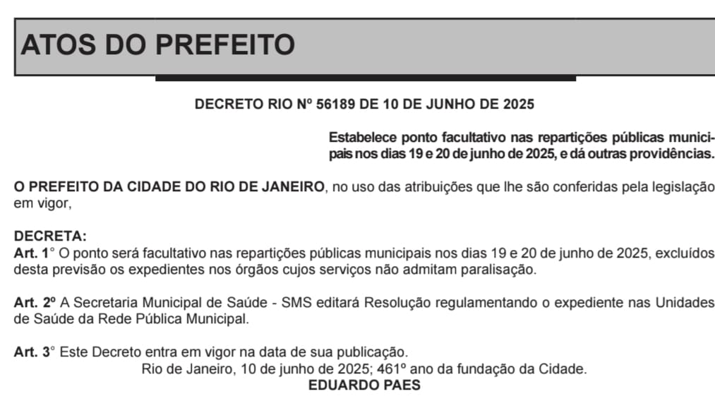 Corpus Christi: Paes decreta ponto facultativo para os servidores nos dias 19 e 20 62 WhatsApp Image 2025 06 11 at 06.37.37