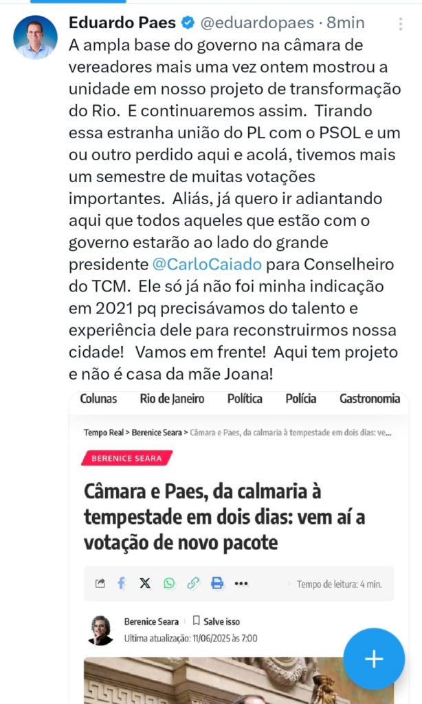 Paes anuncia a indicação do presidente da Câmara, Carlo Caiado, para a próxima vaga no Tribunal de Contas do Município (TCM) 62 WhatsApp Image 2025 06 11 at 08.14.05