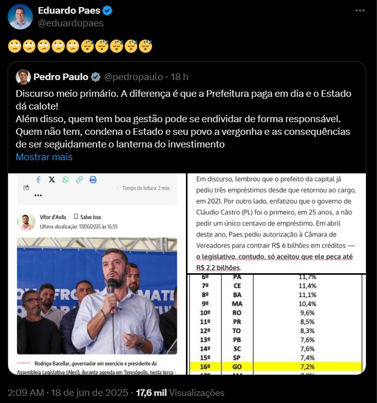 Pedro Paulo rebate provocação de Bacellar: 'prefeitura paga em dia e o estado dá calote' 62 WhatsApp Image 2025 06 18 at 13.32.53