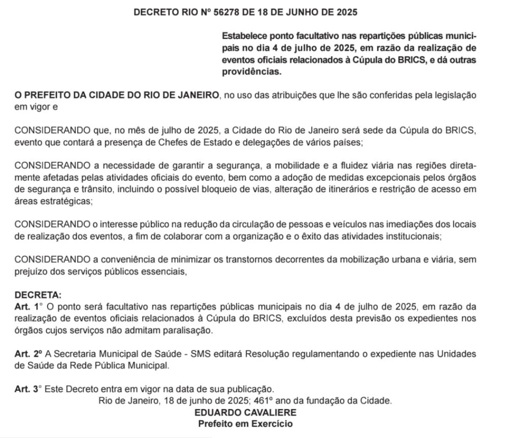 Prefeitura do Rio terá feriadão de 4 a 7 de julho para a realização da Cúpula dos Brics 62 WhatsApp Image 2025 06 23 at 06.37.39