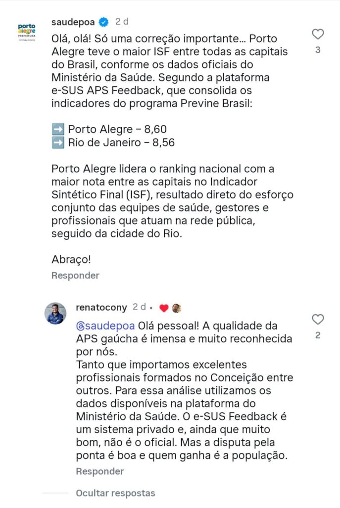Post de Soranz acende 'treta da saúde' entre Rio e Porto Alegre 63 Treta do bem: Rio e Porto Alegre 'brigam' pelo topo em ranking da saúde