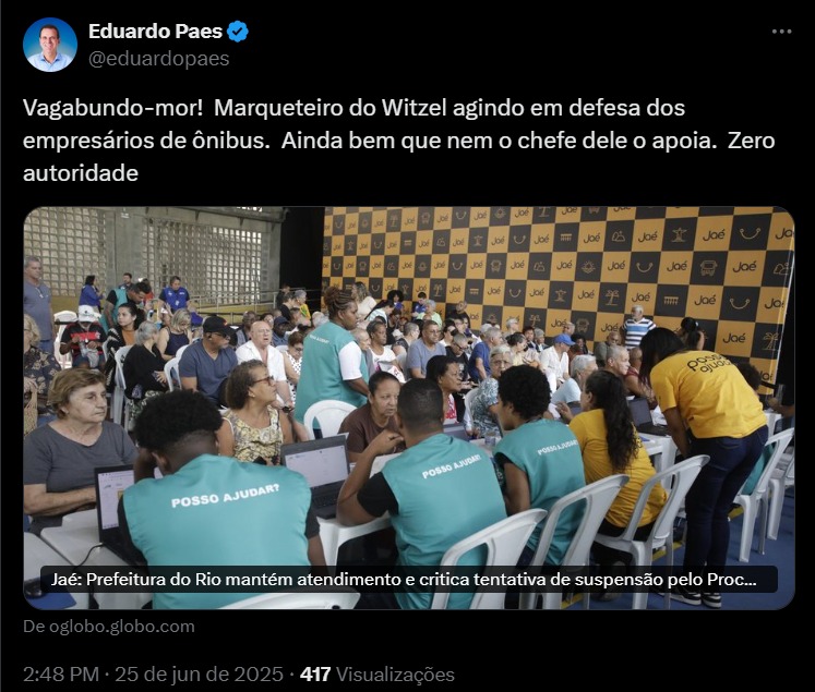 'Vagabundo-mor': Paes xinga secretário estadual de Defesa do Consumidor por causa do Jaé 62 WhatsApp Image 2025 06 25 at 15.11.05