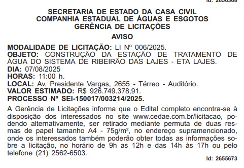 Nova estação de tratamento da Cedae, em Ribeirão das Lajes, poderá custar quase R$ 1 bi 62 Nova estação de tratamento da Cedae, em Ribeirão das Lajes, custará quase R$ 1 bi