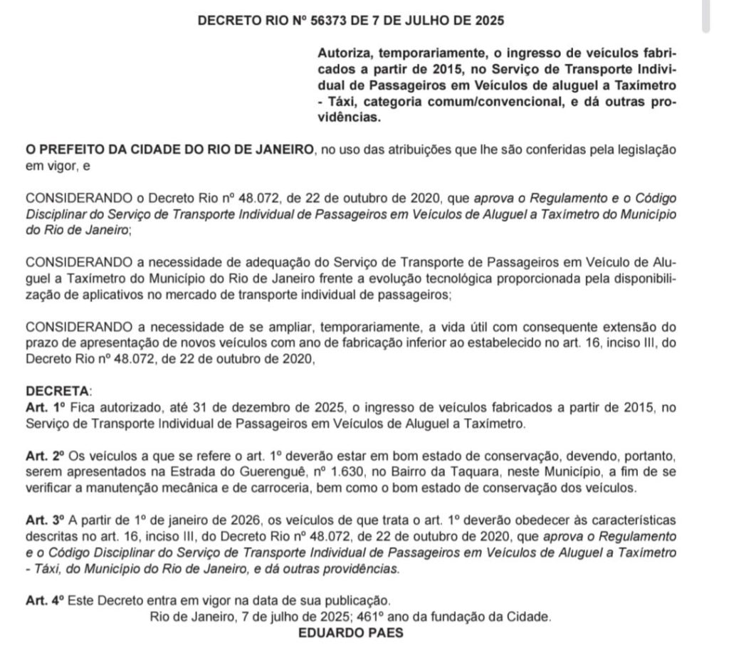 Paes autoriza veículos fabricados a partir de 2015 a ingressarem no sistema de táxis 62 55e1b45b 8d19 4572 a080 f1f7517905a2