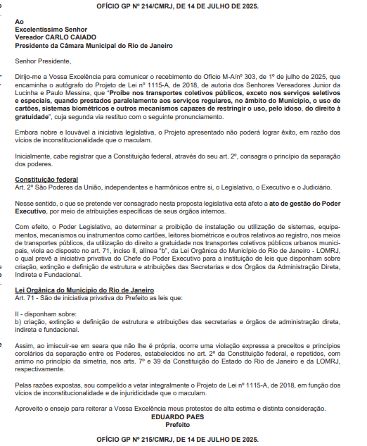 Paes veta projeto que garantia a gratuidade no transporte a idosos com a identidade 62 Captura de tela 2025 07 15 103431
