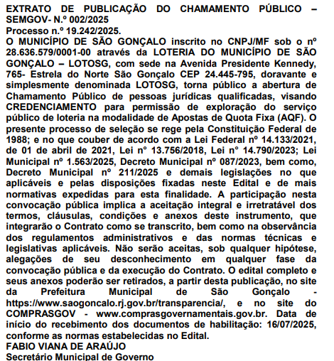 'Tigrinho do Capitão' cada vez mais feroz: prefeitura publica novo edital e acelera 'LotoSG' 62 Captura de tela 2025 07 16 150835