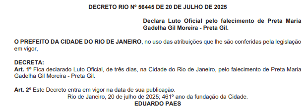 Governo do Rio e prefeitura decretam luto oficial de três dias pela morte de Preta Gil 63 Captura de tela 2025 07 21 080212