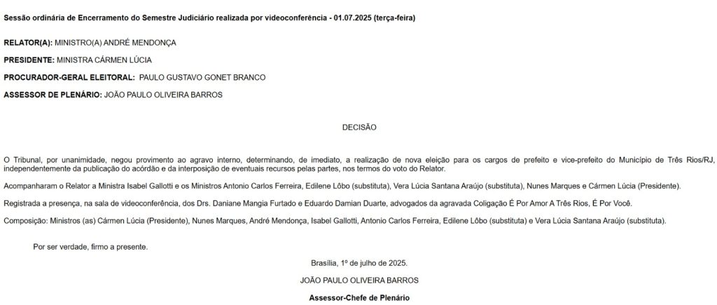 TSE cassa Joa Barbaglio por unanimidade e Três Rios terá novas eleições 62 WhatsApp Image 2025 07 01 at 15.41.26