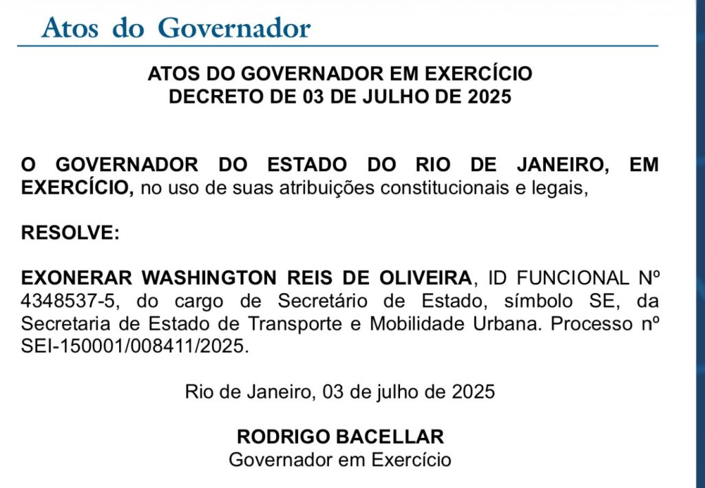 Governador em exercício, Bacellar cumpre a ameaça e exonera Washington Reis 62 WhatsApp Image 2025 07 03 at 17.10.36