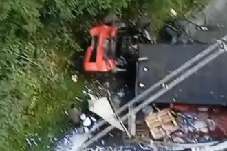 Caminhão carregado de cerveja cai de viaduto da BR-040; motorista morreu no local