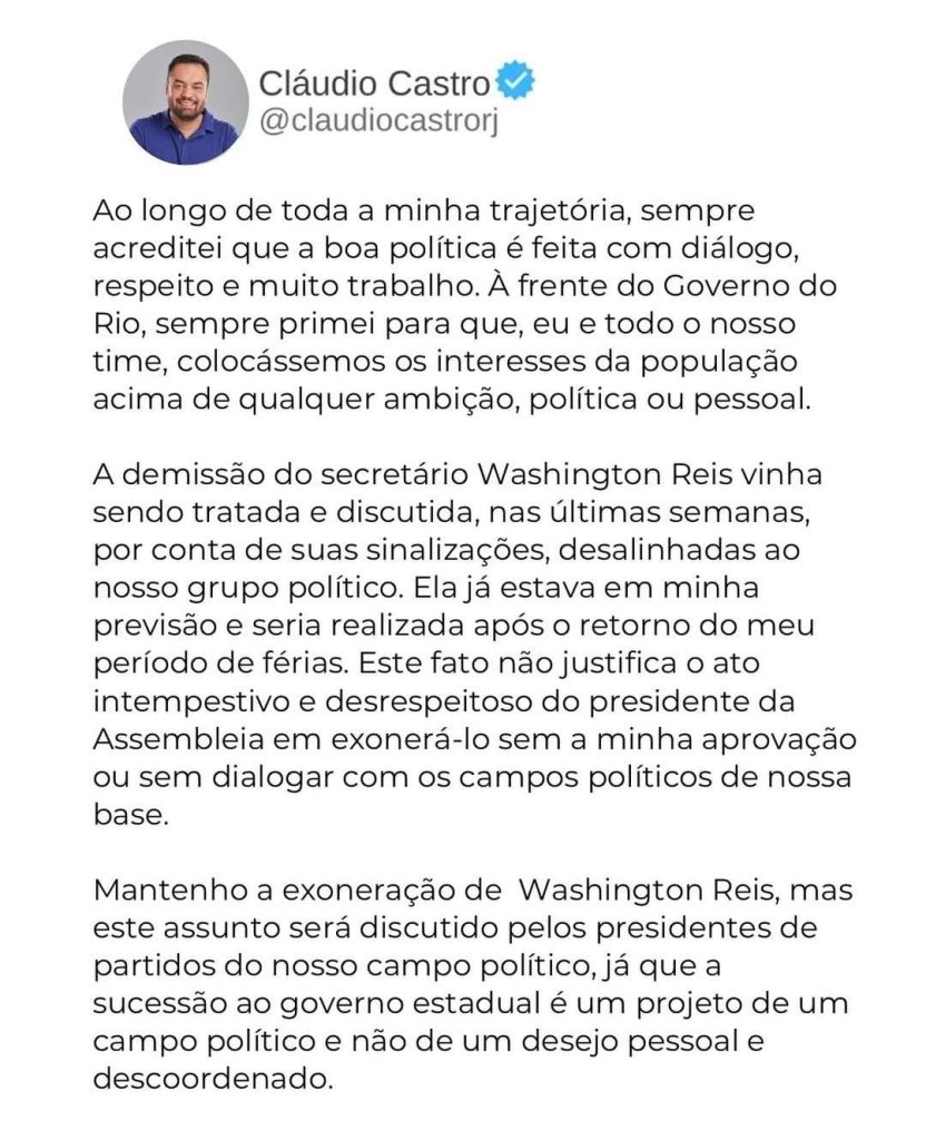 Castro explica, nas redes sociais, a decisão sobre Washington Reis; e critica o ato de demissão assinado por Bacellar 62 WhatsApp Image 2025 07 10 at 11.49.11