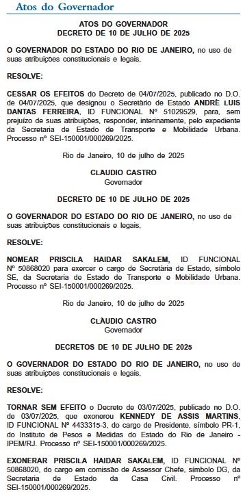 Castro nomeia substituta de Washington Reis e anula demissão do presidente do Ipem 62 Cláudio Castro define substituta de Washington Reis e anula demissão do presidente do Ipem